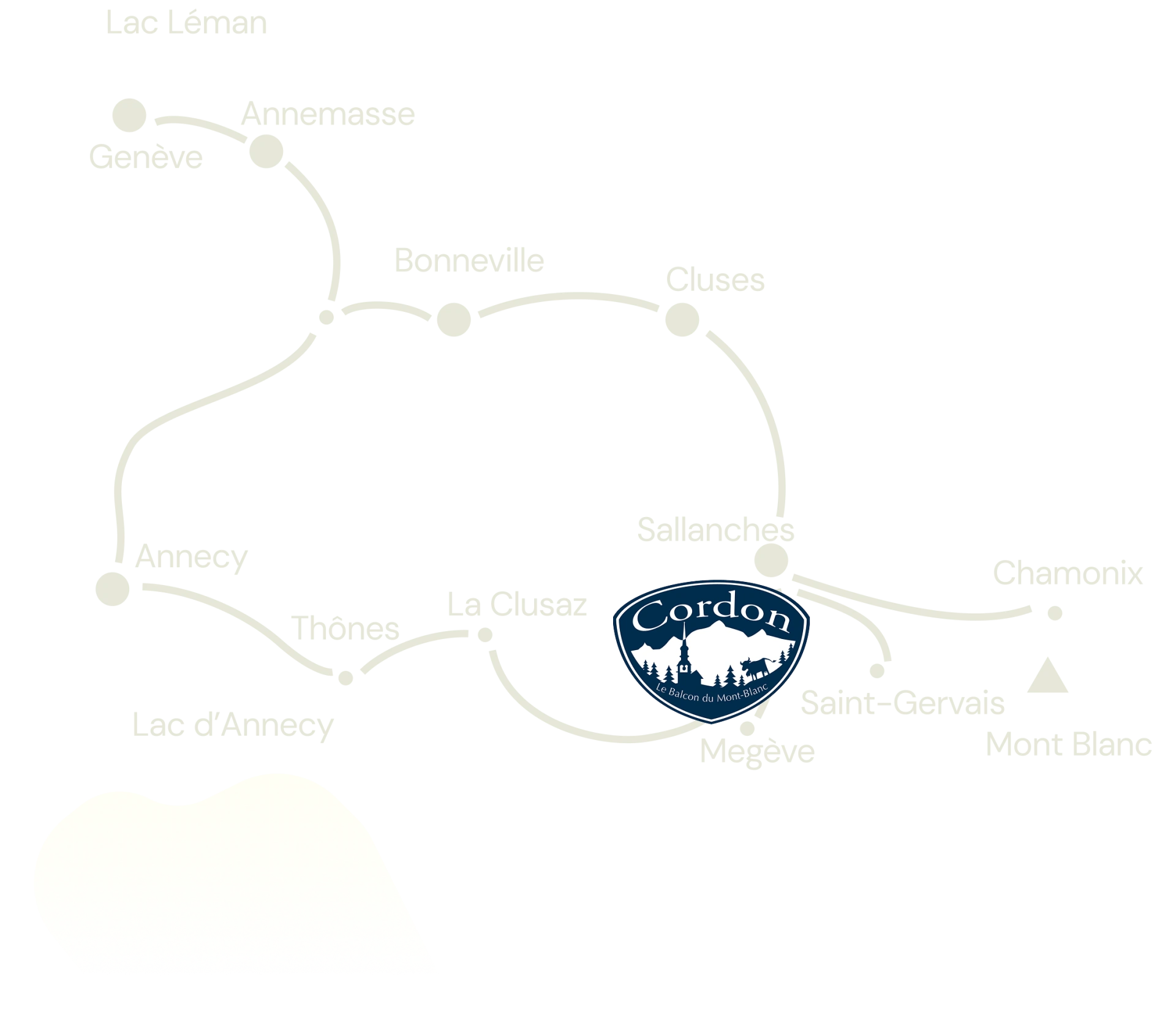 Carte de la vallée du Pays du Mont-Blanc situant Cordon, Sallanches, Megève, Saint-Gervais, Chamonix, Genève, Annecy, Bonneville, Cluses, La Clusaz et les lacs Léman et d’Annecy